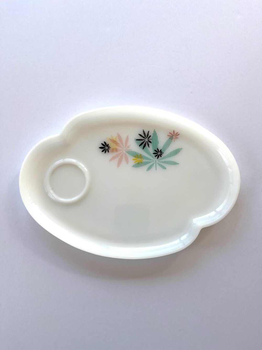 Vintage Atomic Flower Leaf Snack Plate Federal Milk Glass Pastel Marijuana Tray